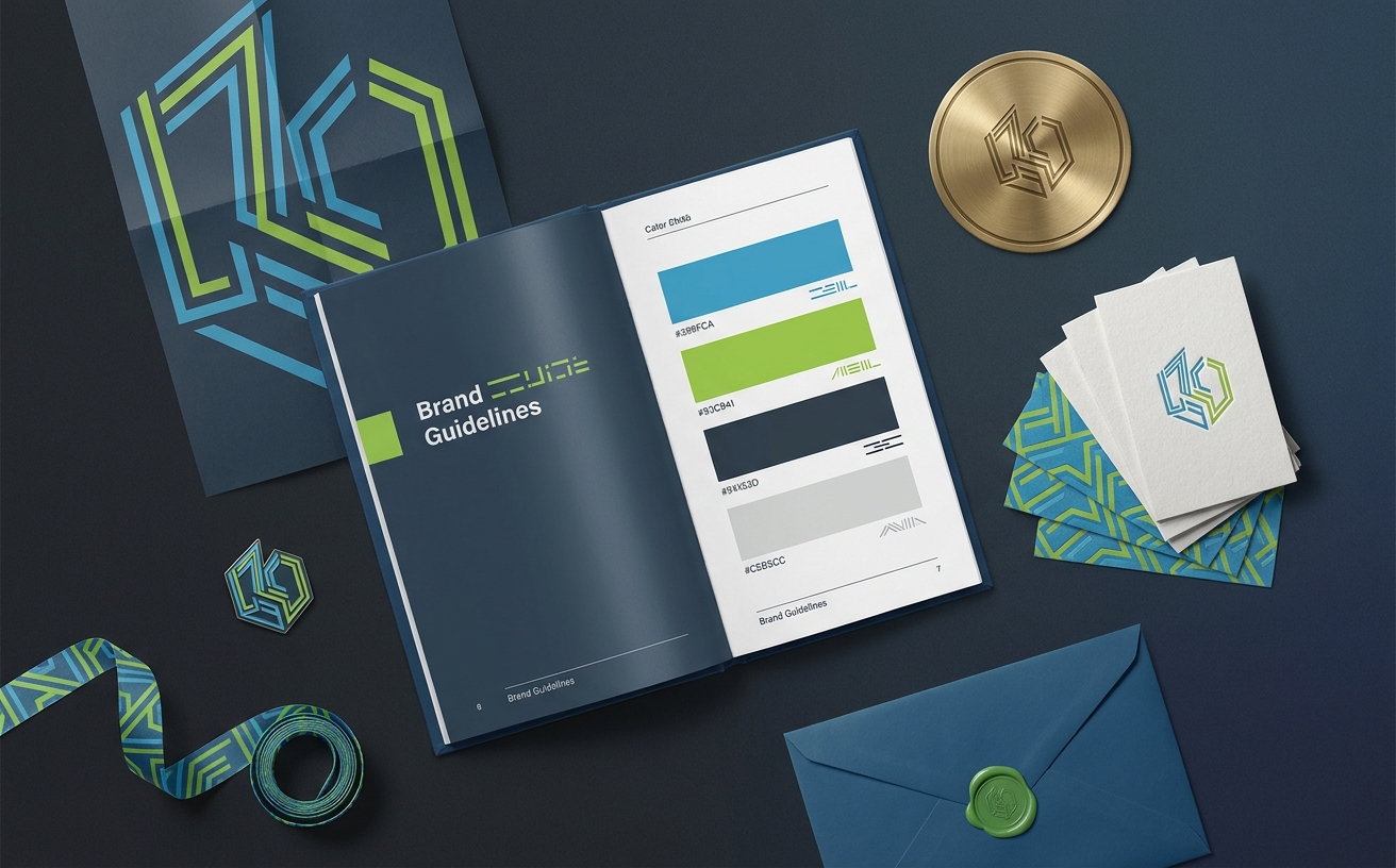 Editorial flat-lay of a complete brand identity system: open guidelines booklet, logomark coaster, business cards, type poster, pin, and brand-color envelope.