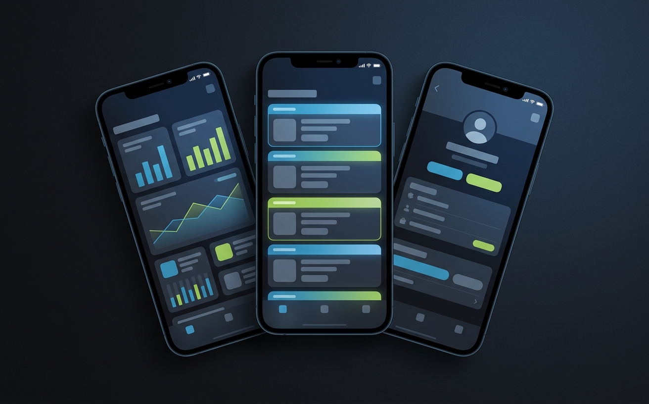 Three smartphone mockups fanned out, each showing a different abstract iOS-style app screen.