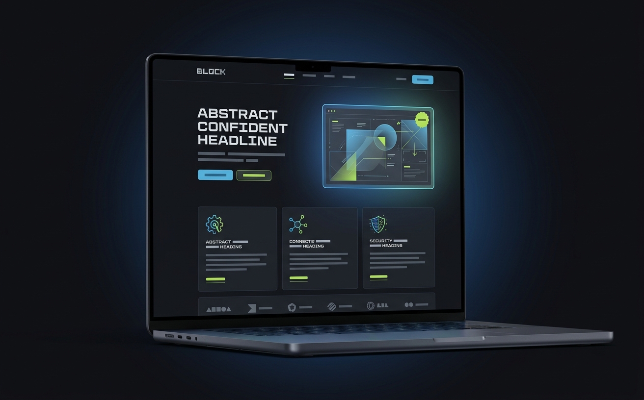 A polished SaaS-style homepage mockup on a laptop, with sky-blue CTA buttons and a lime green accent.