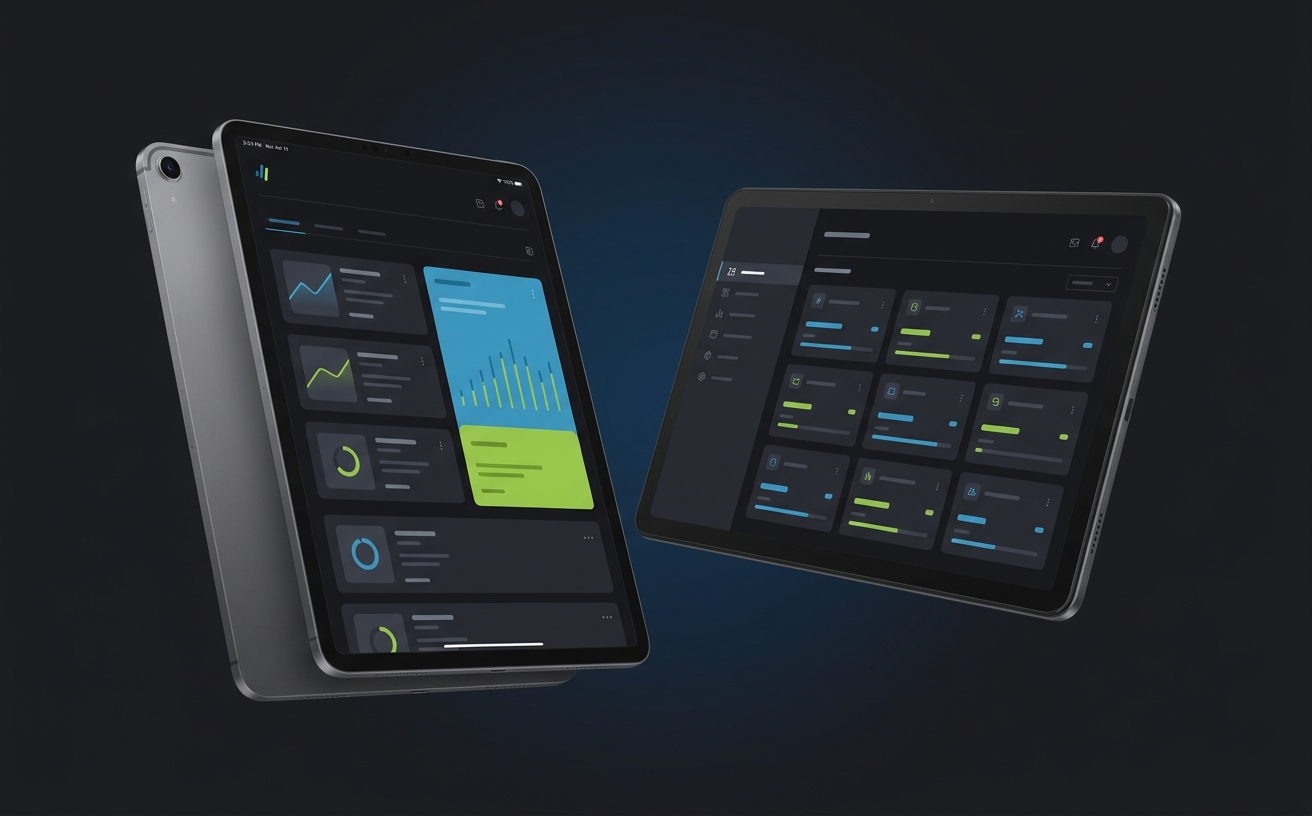 An iPad and an Android tablet side-by-side, each displaying a different abstract dashboard interface.