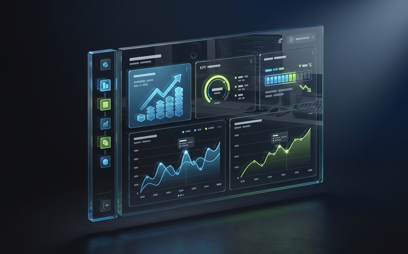 An isometric SaaS dashboard mockup with sidebar nav, analytics charts, and KPI cards.