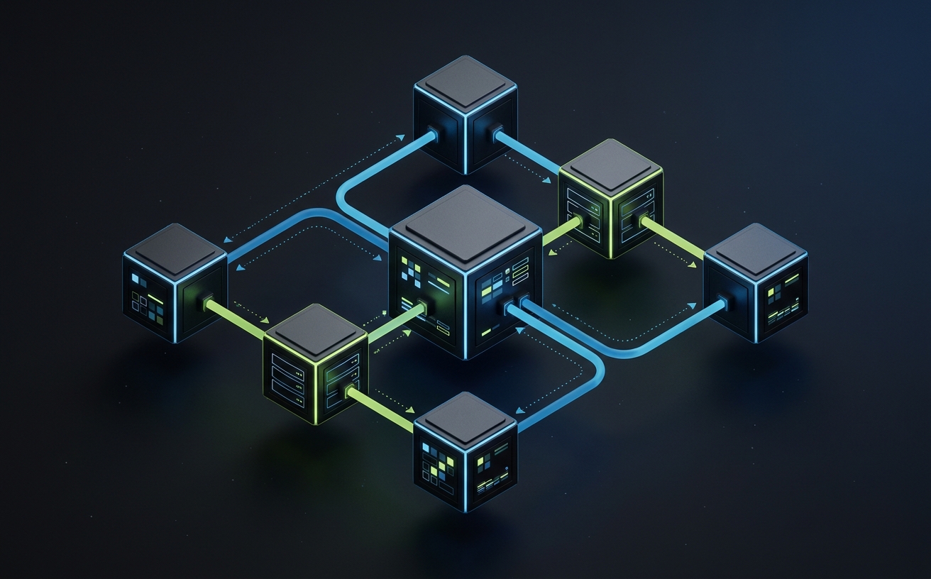 A minimalist isometric cloud infrastructure architecture diagram with connected server, database, and edge nodes.