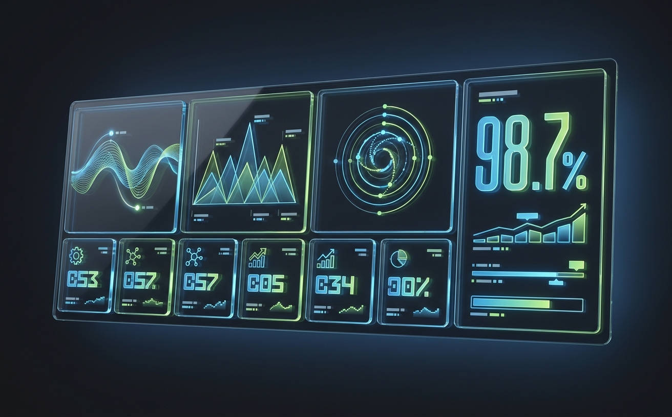 A wide horizontal analytics dashboard mockup in dark mode with abstract charts and KPI panels.